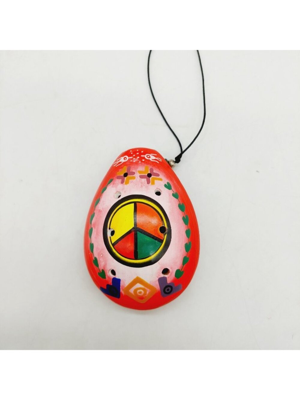 Peruvian Ocarina Whistle Clay Flute Hand Painted Peru Tribal Peace Sign 4"